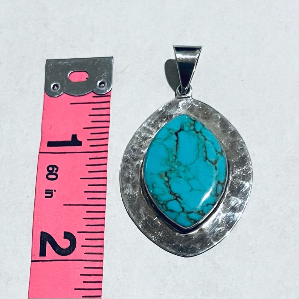 Sterling Silver Mexican Modernist 925 Handcrafted Turquoise Pendant - Picture 7 of 9